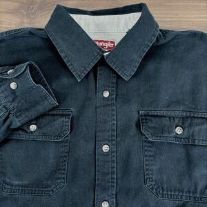 Wrangler Mens Long Sleeve Button Up Shirt Black 100% Cotton Casual Size L